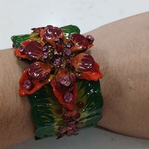 Floral Enamel Bracelet with Red and Green Accents